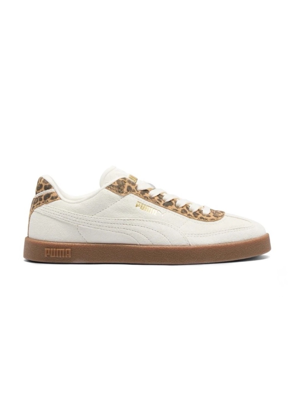 Puma Club ii Era Suede Sneaker, Beige Leopard Trim and Gum Sole